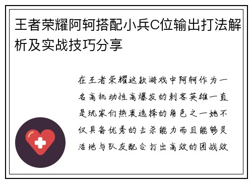 王者荣耀阿轲搭配小兵C位输出打法解析及实战技巧分享