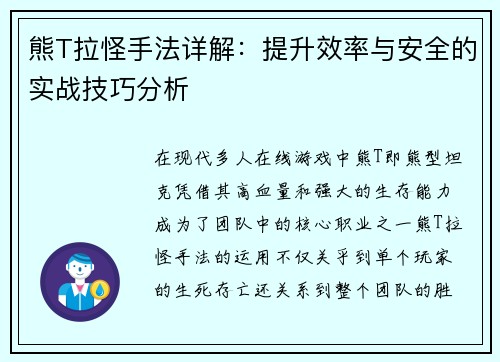 熊T拉怪手法详解:提升效率与安全的实战技巧分析 熊T拉怪手法详解:提升效率与安全的实战技巧分析